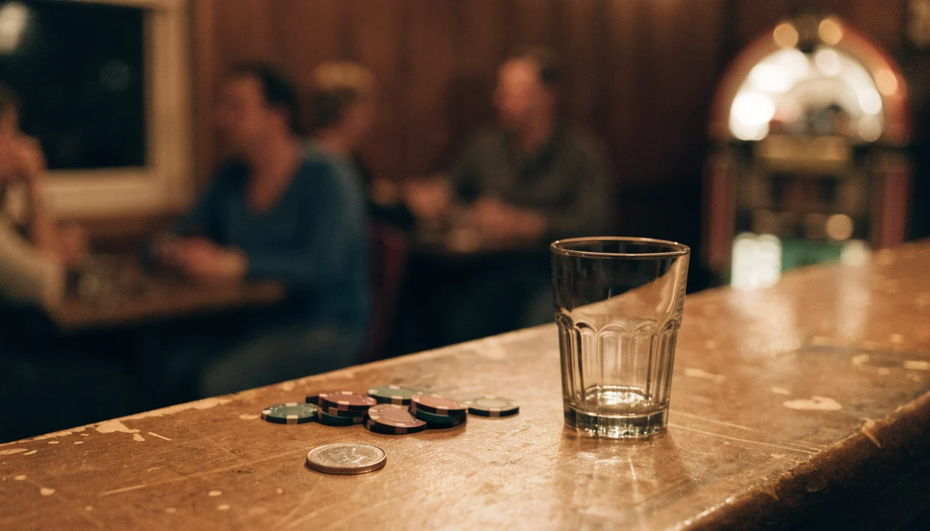 Dim Australian pub bar counter with a small stack of chips and a one-dollar coin beside a glass.