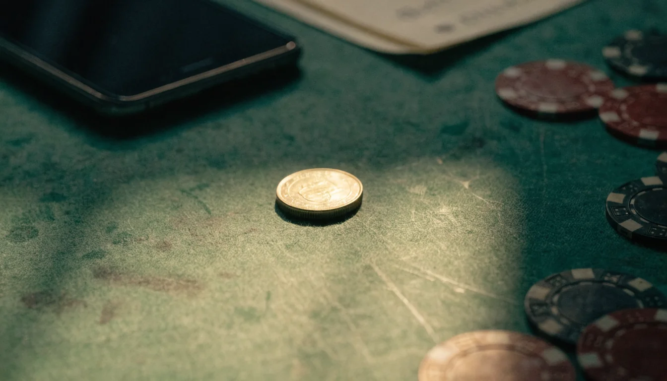 Single Australian one-dollar coin on a green gaming table with chips.