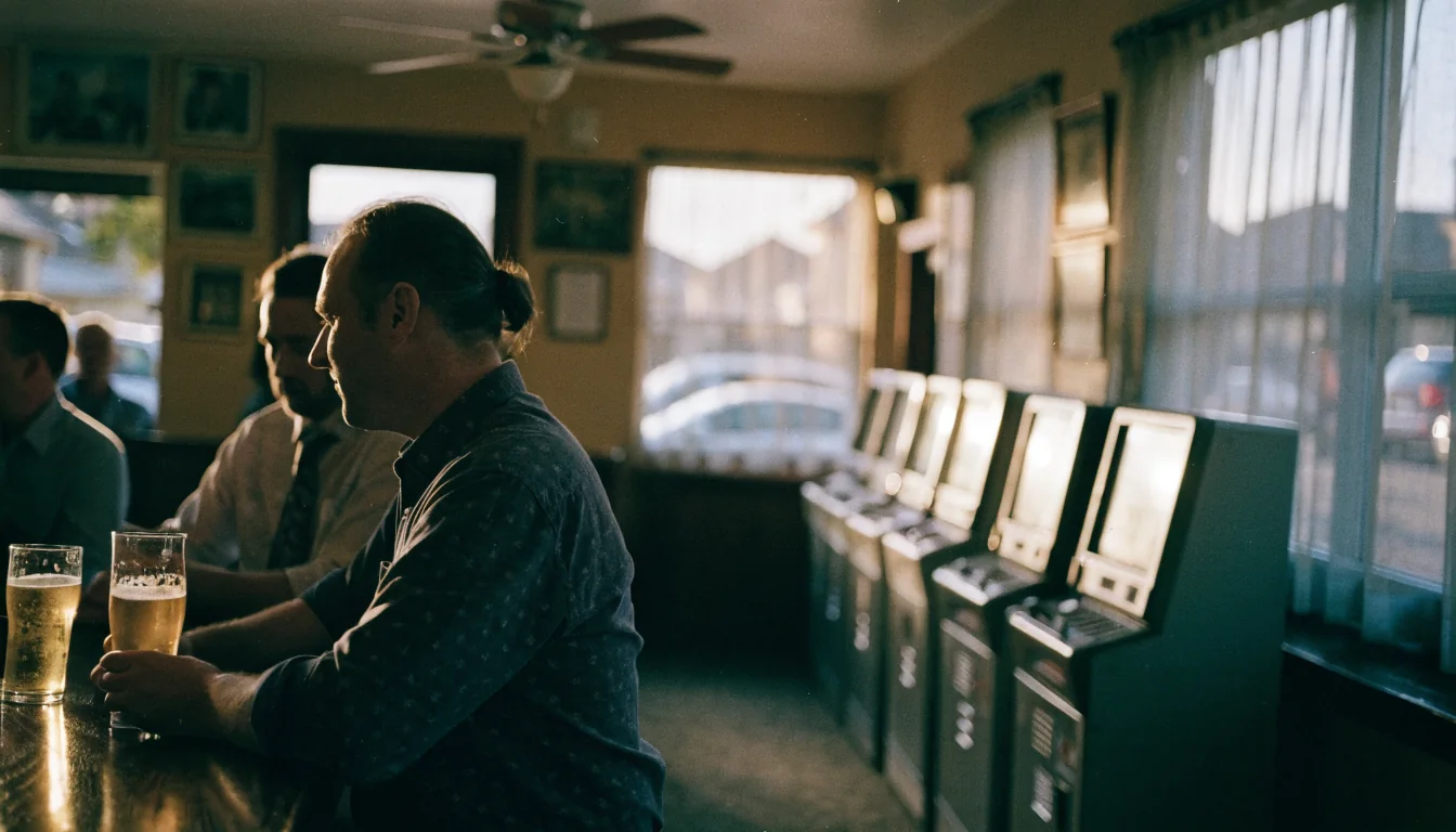 Quiet Australian pub with locals and softly glowing pokie machines in background