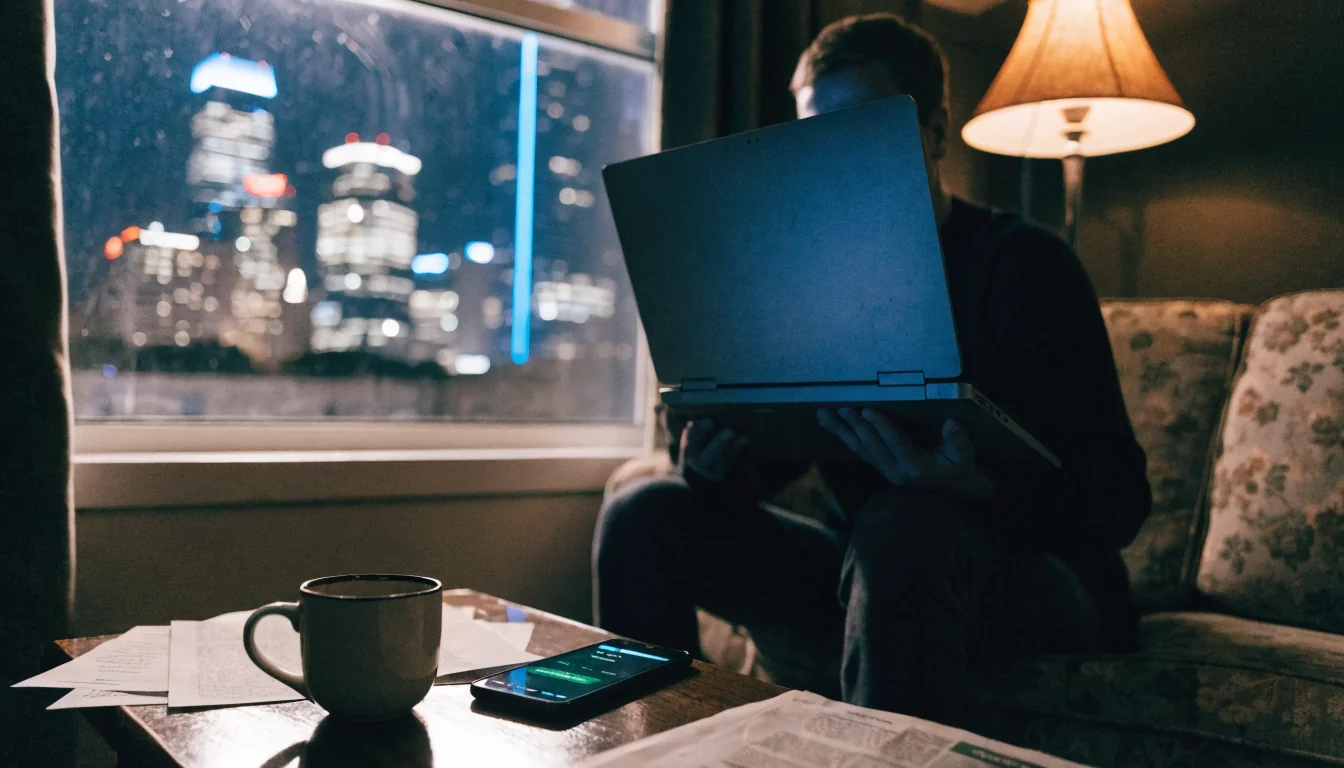 Person on couch with laptop glow in dim Melbourne apartment at night.