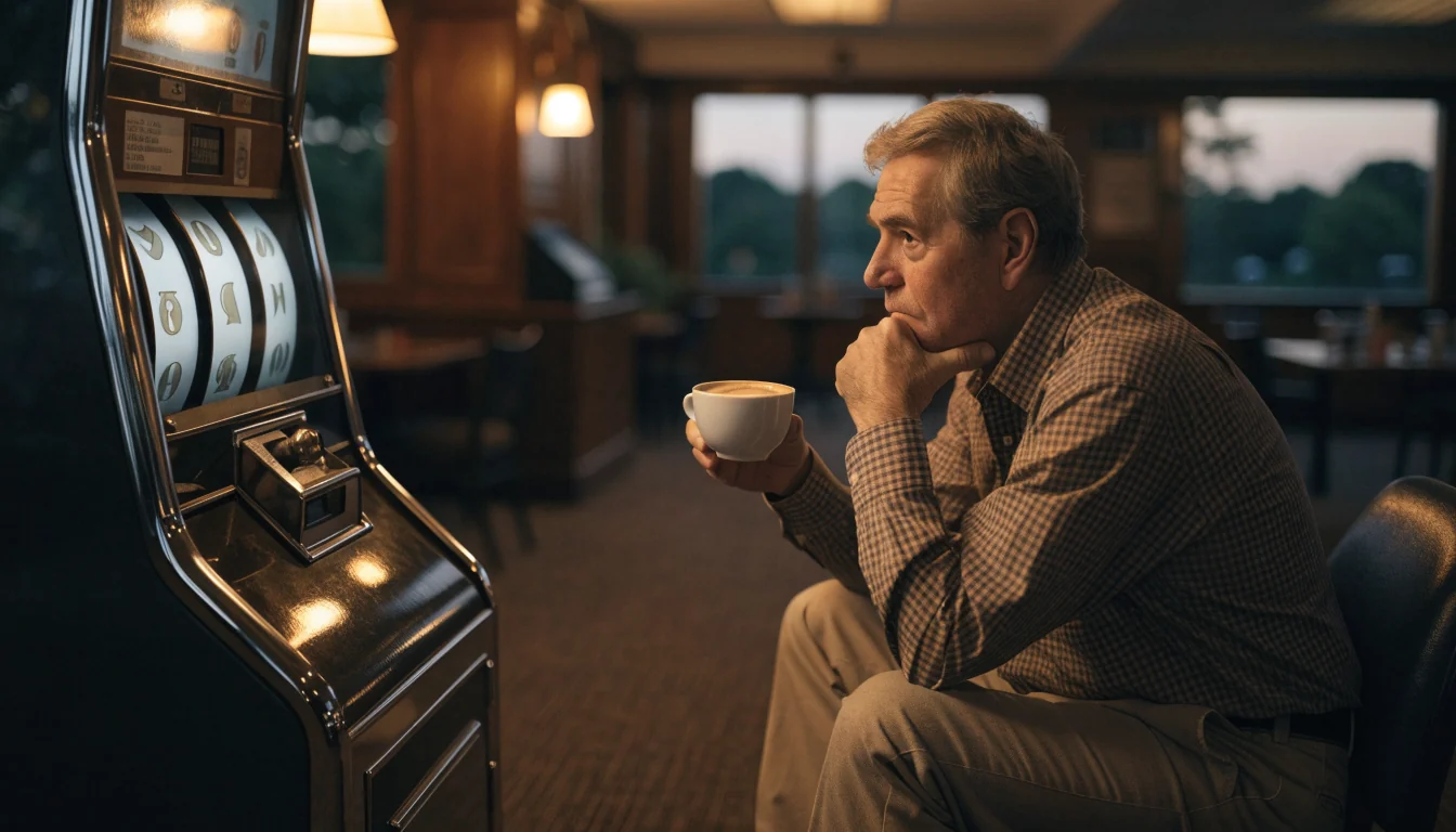A vintage slot machine inside an Australian club lounge at dusk.