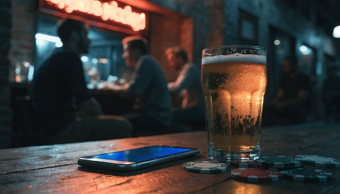 Face-down smartphone beside beer and chips in a Melbourne laneway pub at night.