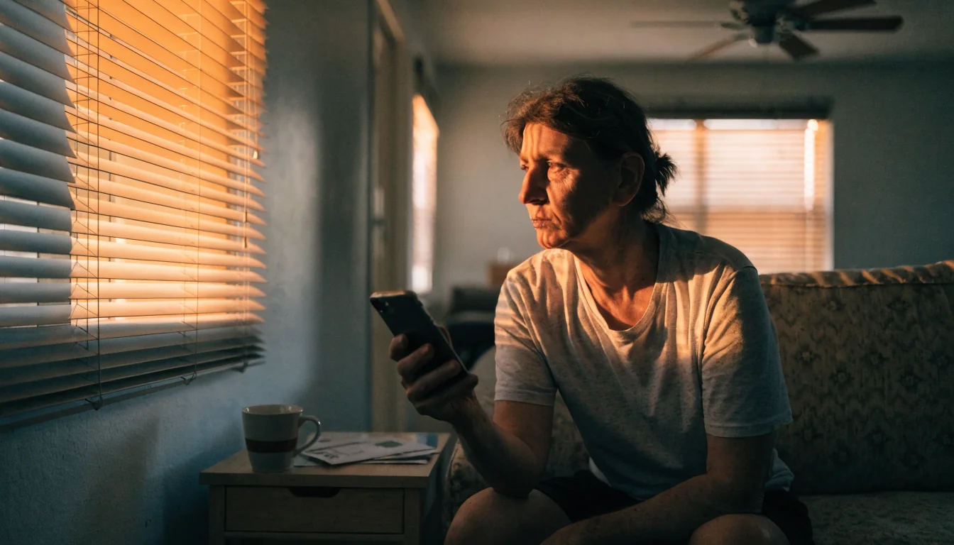 Australian adult on phone in suburban living room at dusk