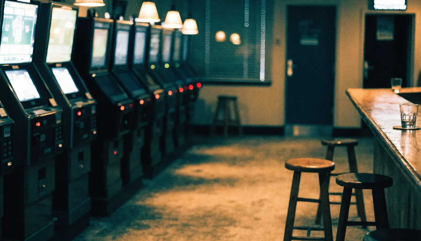 Quiet Australian pub interior with softly glowing gaming machines along the wall