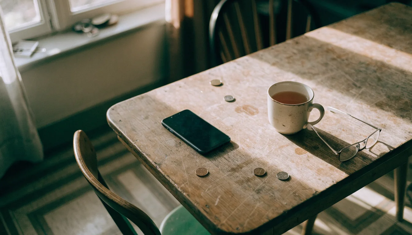 Smartphone face-down on a kitchen table with tea and coins, Australian suburban setting.