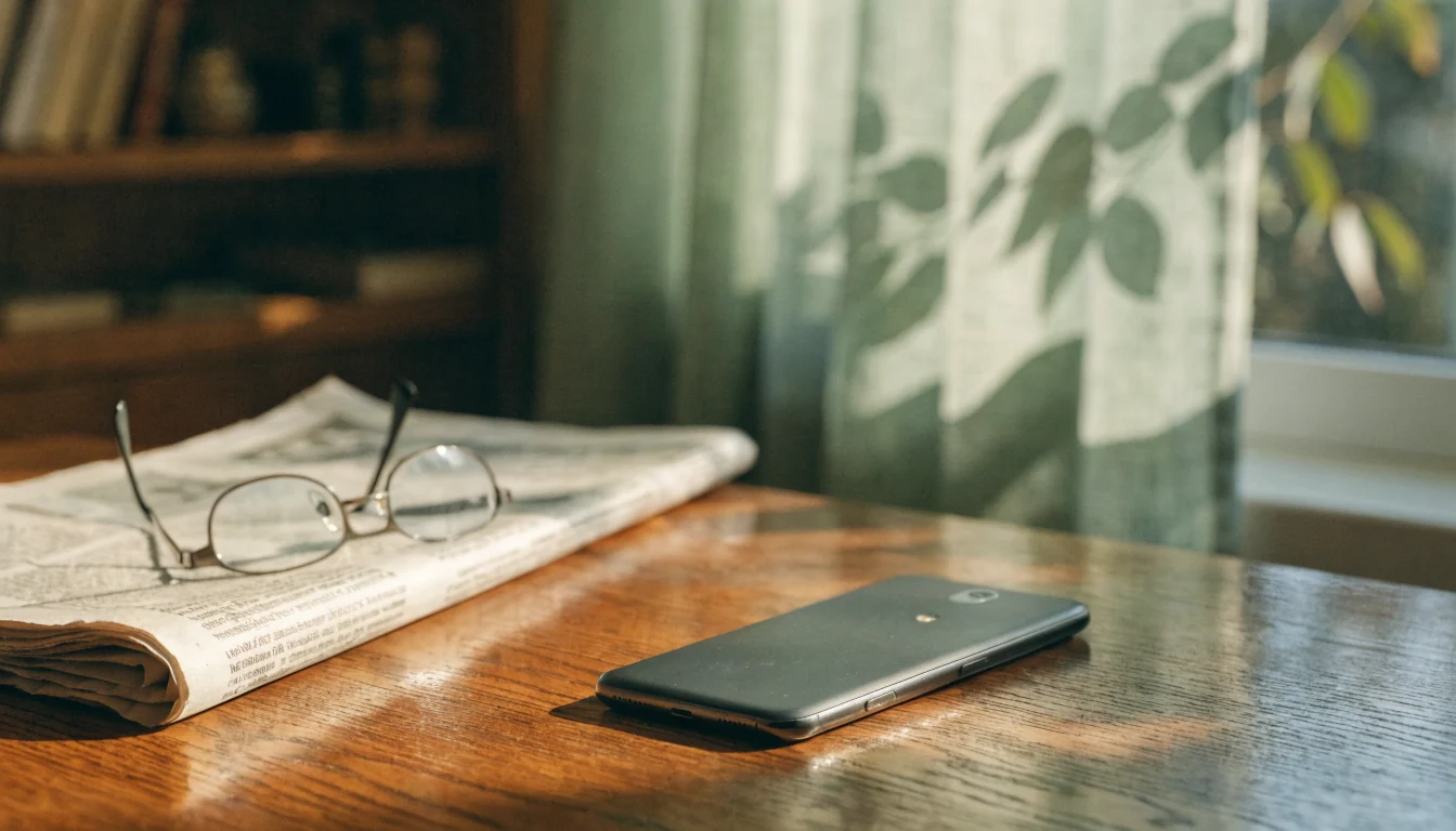 Android smartphone face-down on a desk with newspaper and reading glasses