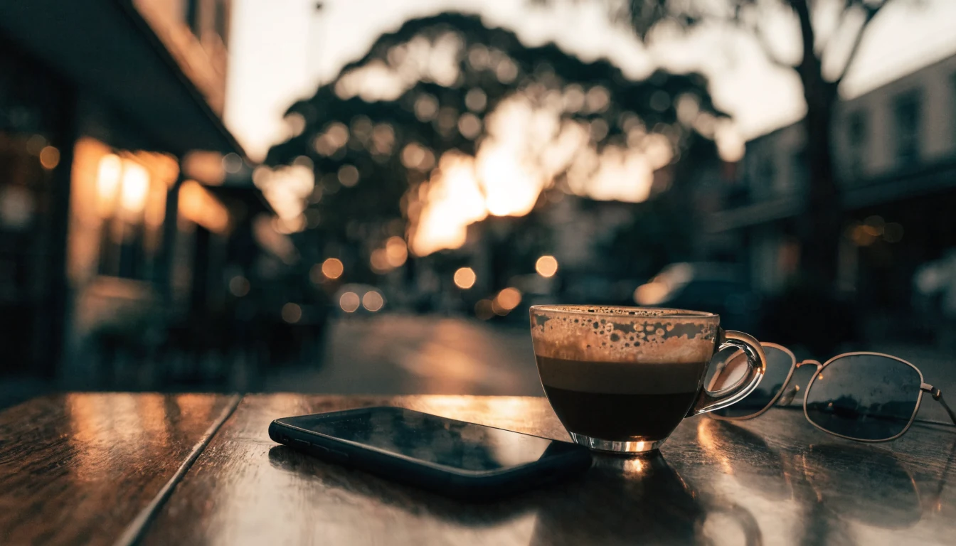 Smartphone face-down on cafe table at dusk in Australia