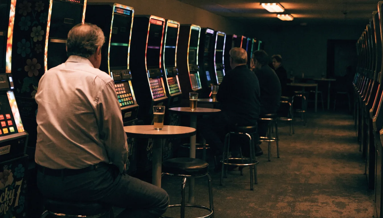 Adelaide pub gaming room with rows of pokie machine cabinets, warm lighting, quiet evening atmosphere