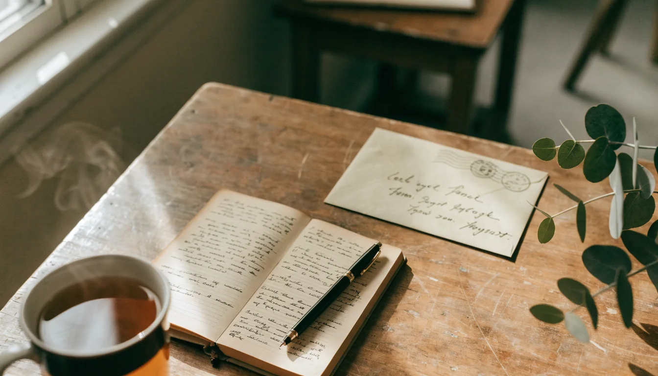Open notebook, fountain pen, tea mug, and handwritten envelope on a wooden desk in soft daylight