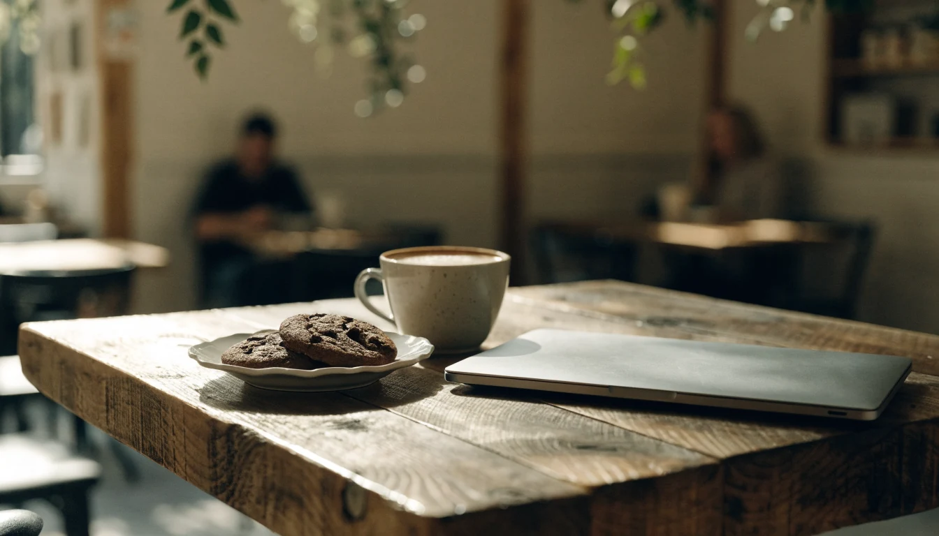 Chocolate chip cookies and a latte on a wooden café table beside a closed laptop.