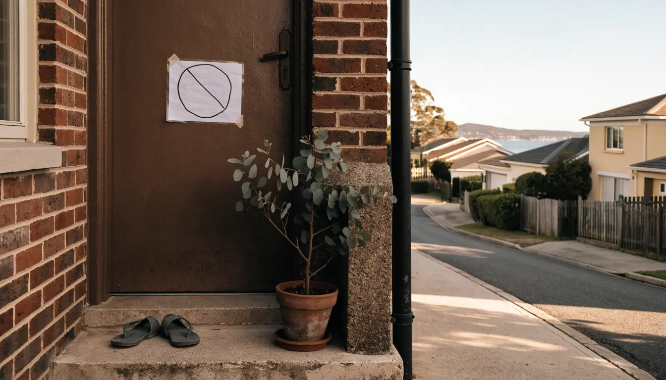 A suburban Australian front door with a small sign, dusk light