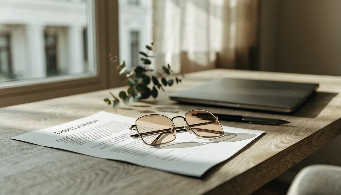 Disclaimer document with reading glasses on sunlit desk