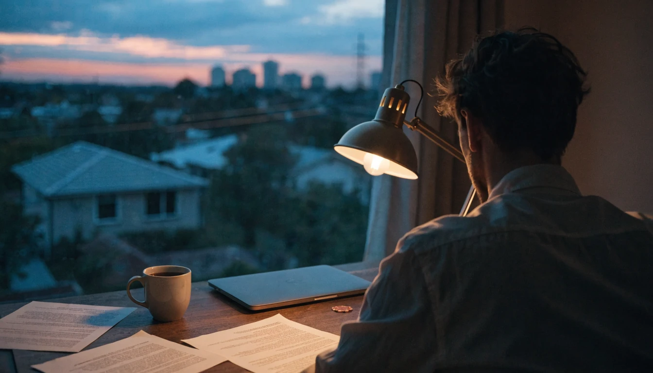 Closed laptop with a poker chip on a dimly lit home desk at dusk