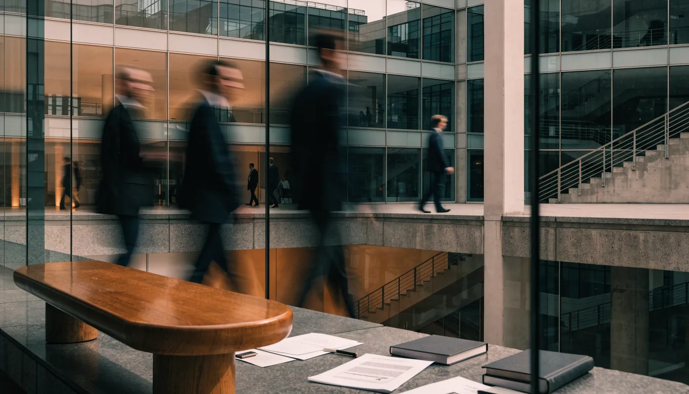 Australian parliamentary building with blurred officials, layered glass facade