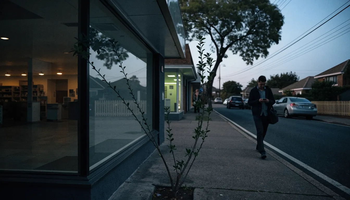 Dark empty shopfront window at dusk on an Australian suburban street