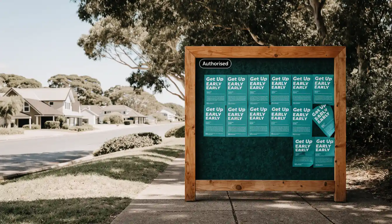 Row of identical flyers on a community noticeboard under different labels