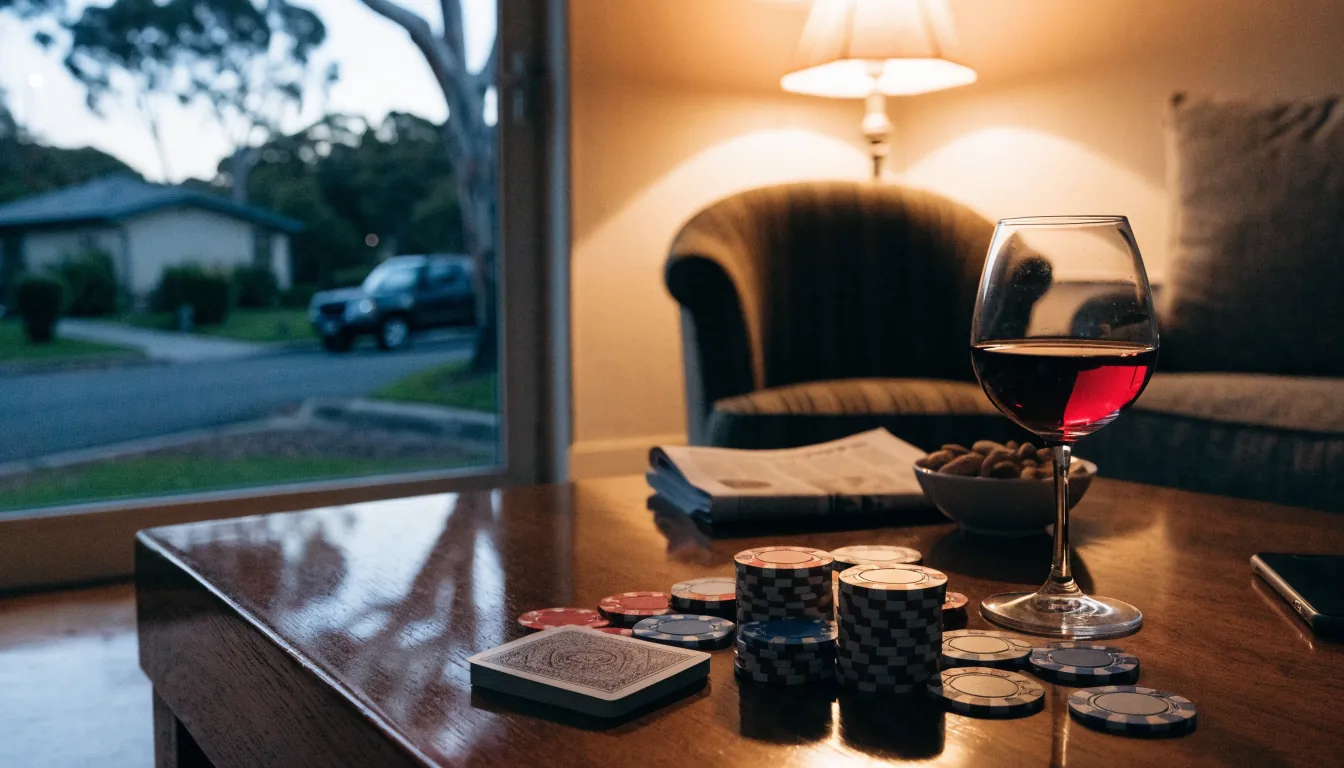 Poker chips, cards and wine on a coffee table in a cozy Australian living room at dusk