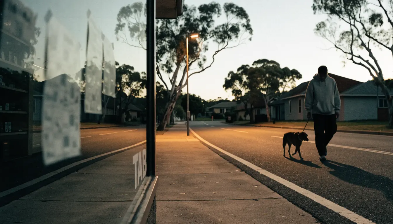 Closed Australian betting shop window at dusk with a passerby on the footpath.