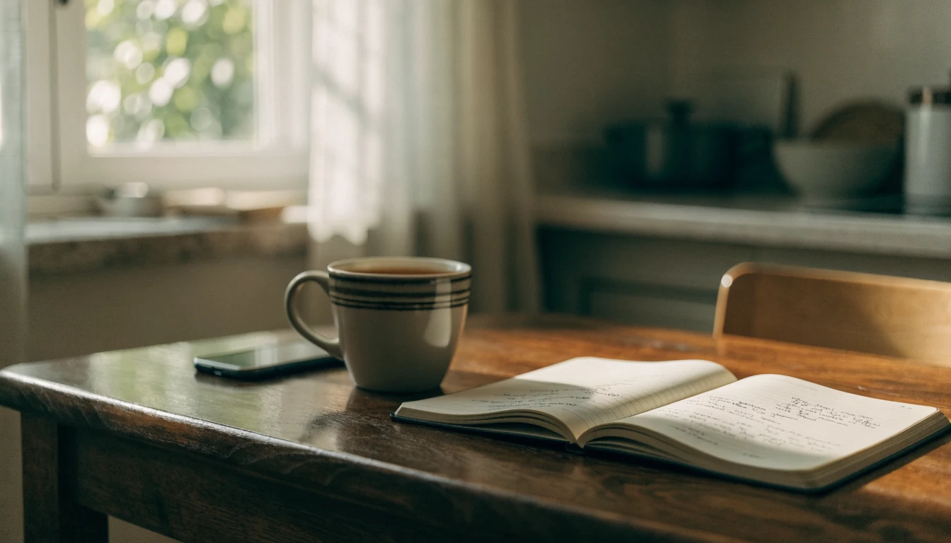 Notebook with notes beside a face-down phone on a sunlit wooden table.