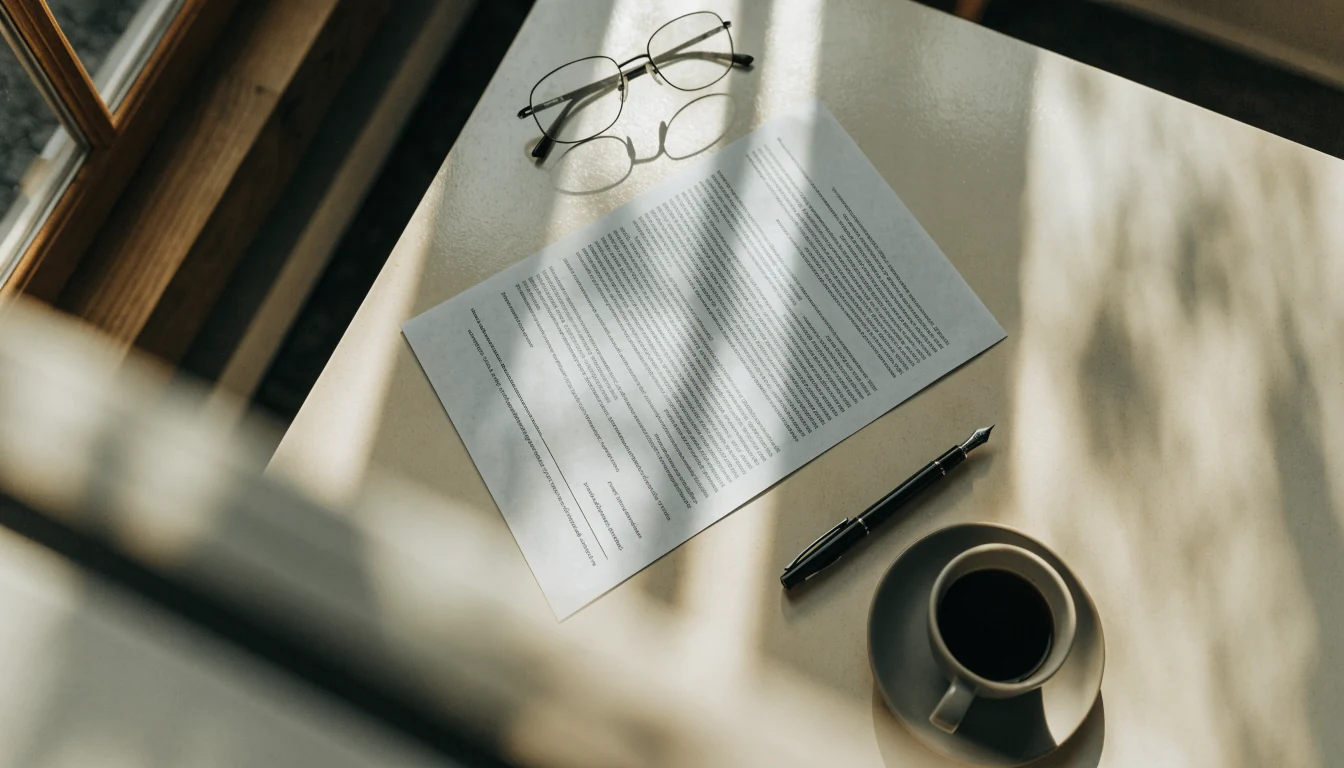 Printed terms document with reading glasses, pen, and coffee cup on a sunlit wooden desk.